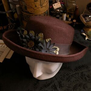 Vintage Wool Felt Derby Boater Style Hat Women's Burgundy Floral Detail